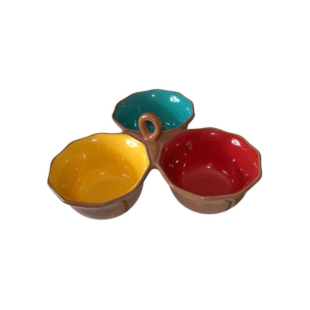 World Market 3-Section Ceramic Condiment Trio Server Salsa Dip Bowl Scalloped